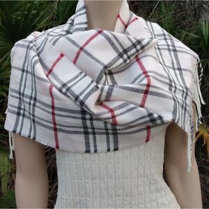 EUC V. FRAAS Plaid Light Pink/Black/Red/White 100% Acrylic Scarf with Fringe